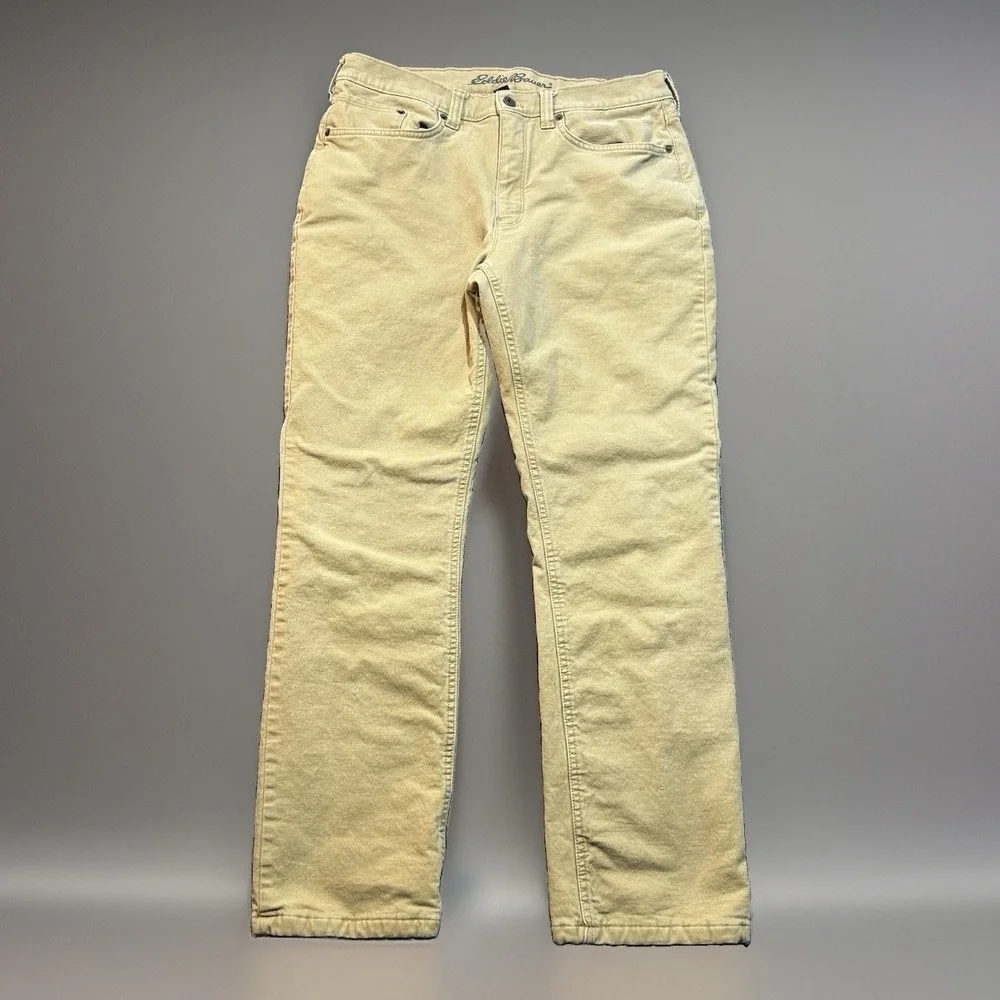 Eddie Bauer Mens Fleece Lined Canvas Pants 33x32 Straight Fit Khaki Tan Winter